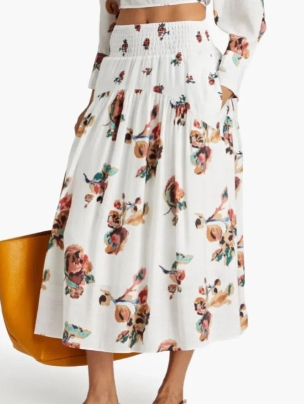 Vince Ikat Floral Smocked Tiered Midi Skirt 3x